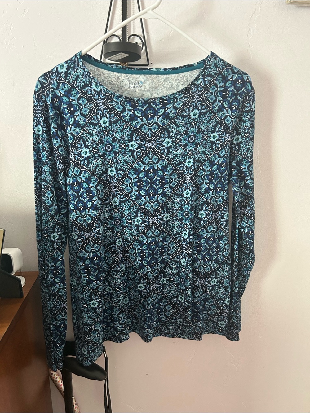 croft & barrow Blue Patterned Long Sleeve Crewneck Top